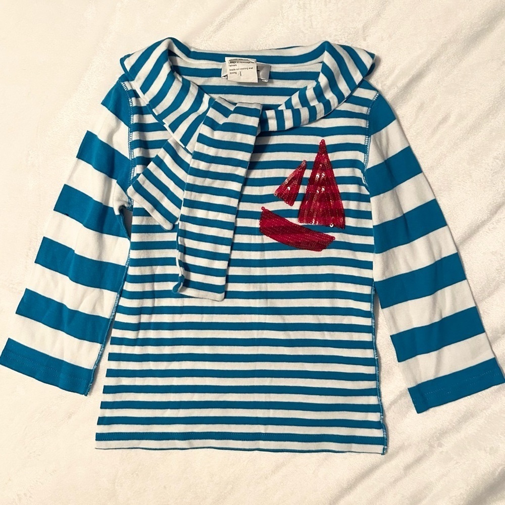 Rykiel Enfant Nautical Blue Stripe Top Flap Tie Collar Sequin Sailboat Girls 6